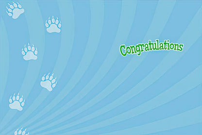 Inside of the high-five bear card, with a blue background and paw prints, offering 'Congratulations'.