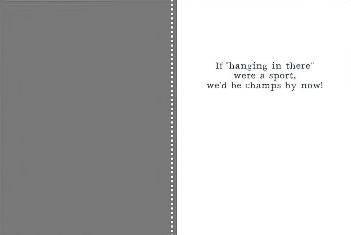 Inside of the lemur card, with a gray border, revealing the punchline: 'If "hanging in there" were a sport, we'd be champs by now!'.