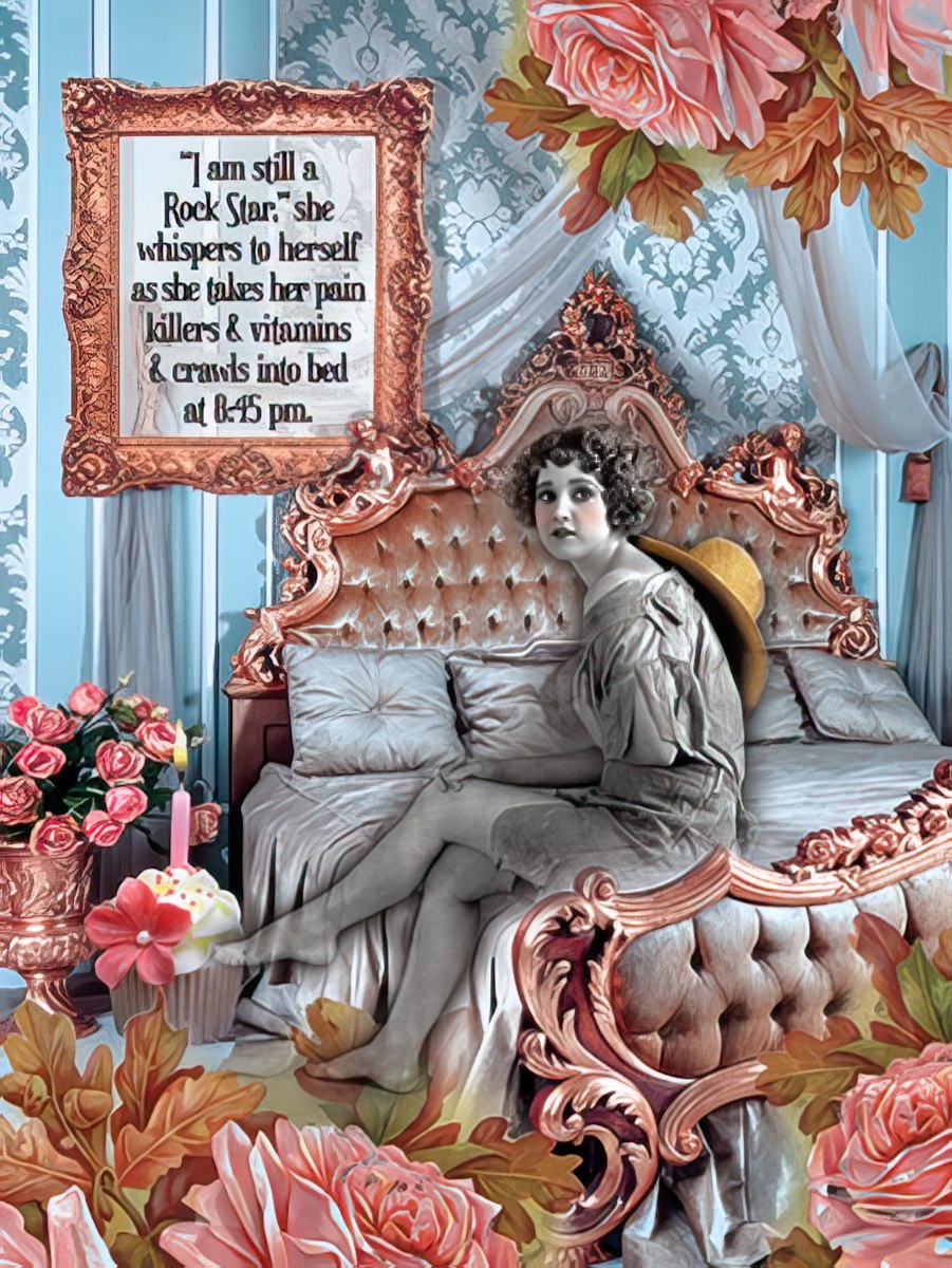 Card front with a vintage woman on a bed, whispering 'I am still a Rock Star...' before bed.