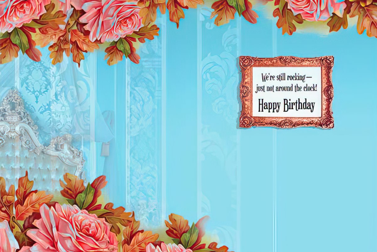 Inside of the 'Rock Star' card: 'We're still rocking – just not around the clock! Happy Birthday'.