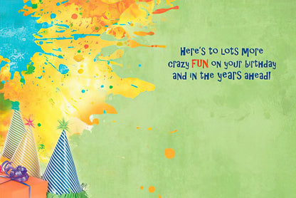 Interior of the 'dysFUNCtional' birthday card, wishing 'Here's to lots more crazy FUN on your birthday and in the years ahead!'.