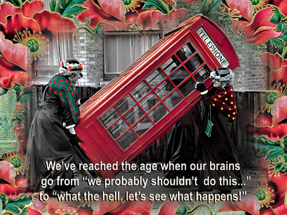 Funny card showing two women moving a red phone booth, with a quote about reaching an age to do 'what the hell'.