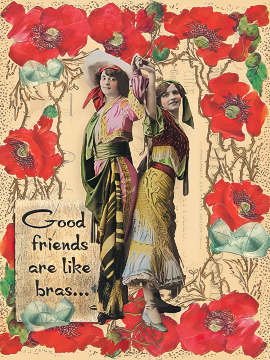 Greeting card with two dancing women, stating 'Good friends are like bras...'