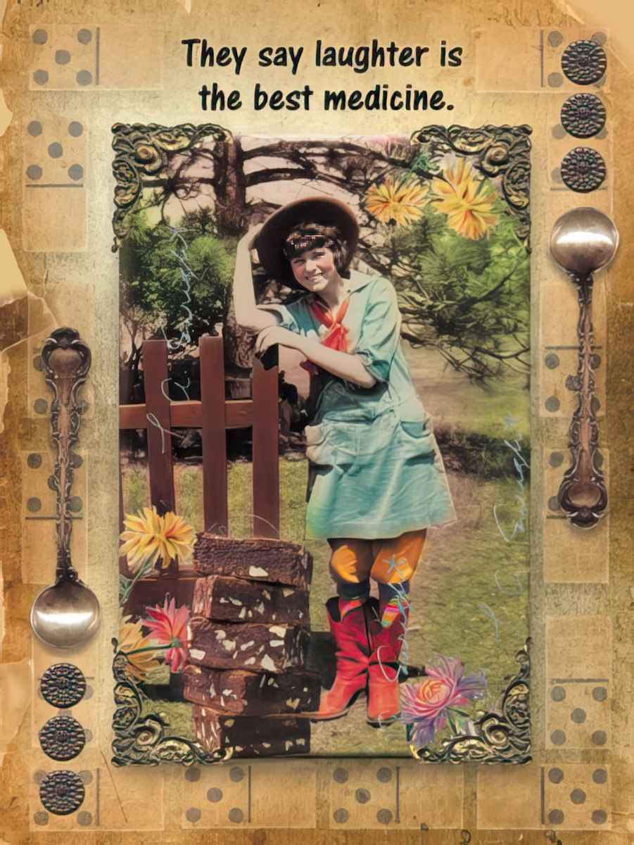Card front with a woman and brownies, stating 'They say laughter is the best medicine.'