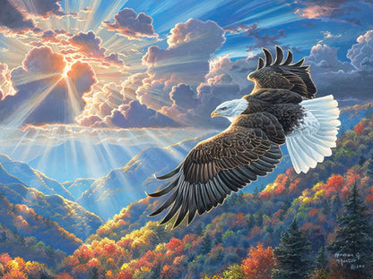 A majestic eagle soars through a vibrant sky with sun rays over a colorful autumn mountain landscape.