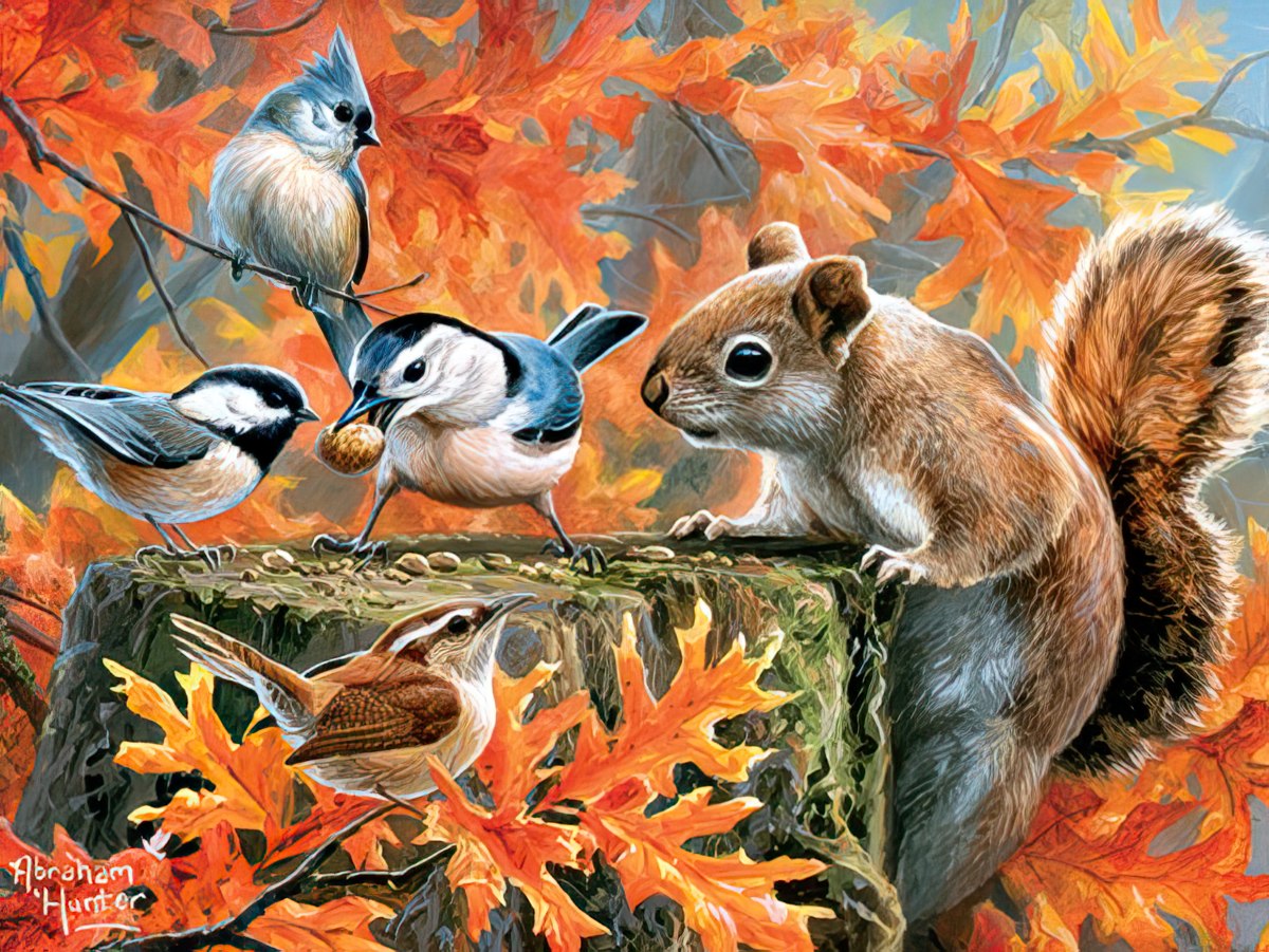 A curious squirrel and various small birds, including chickadees and nuthatches, gather on an old tree stump amidst autumn leaves.
