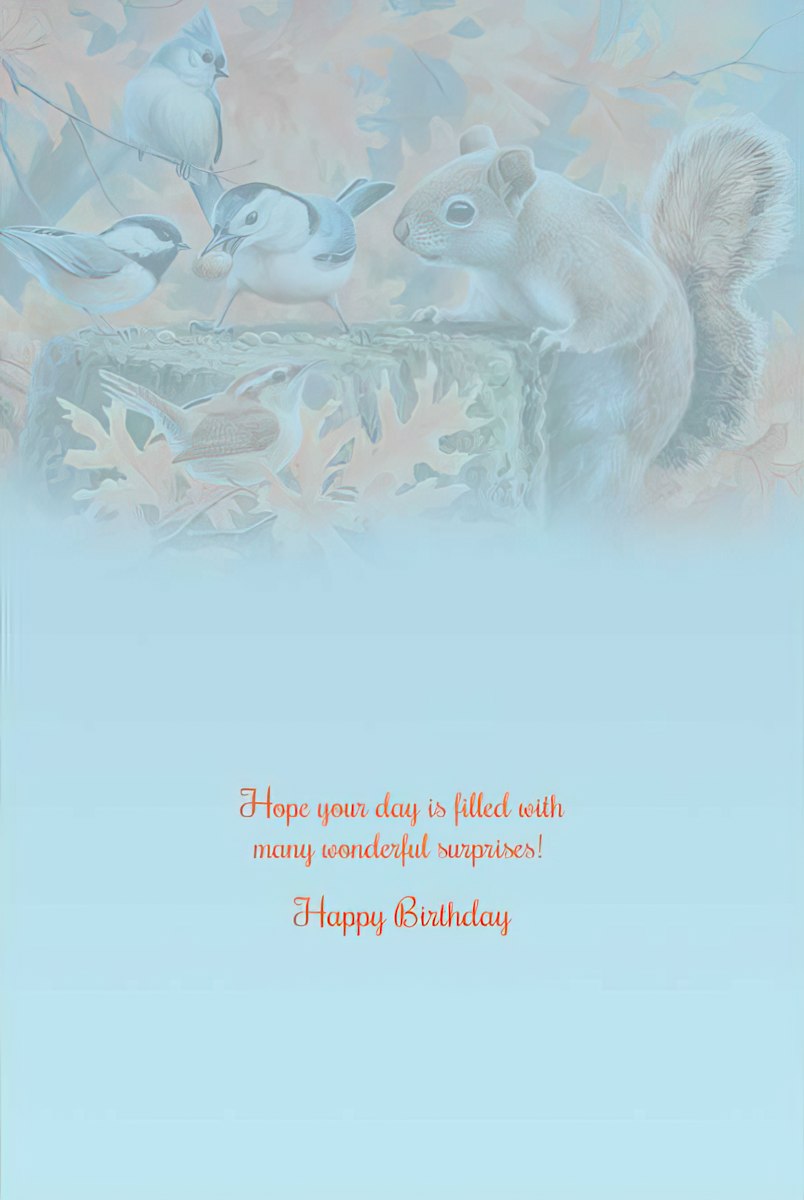 Inside of a squirrel and birds greeting card, featuring a "Hope your day is filled with many wonderful surprises! Happy Birthday" message.
