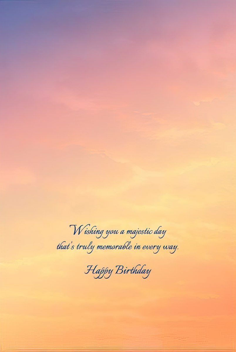 Inside of a bear at sunset greeting card, with a message "Wishing you a majestic day that's truly memorable in every way. Happy Birthday".