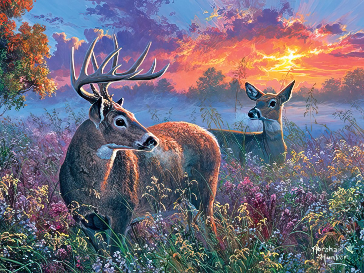 A majestic buck with large antlers and a doe stand in a field of purple wildflowers under a fiery sunset sky.