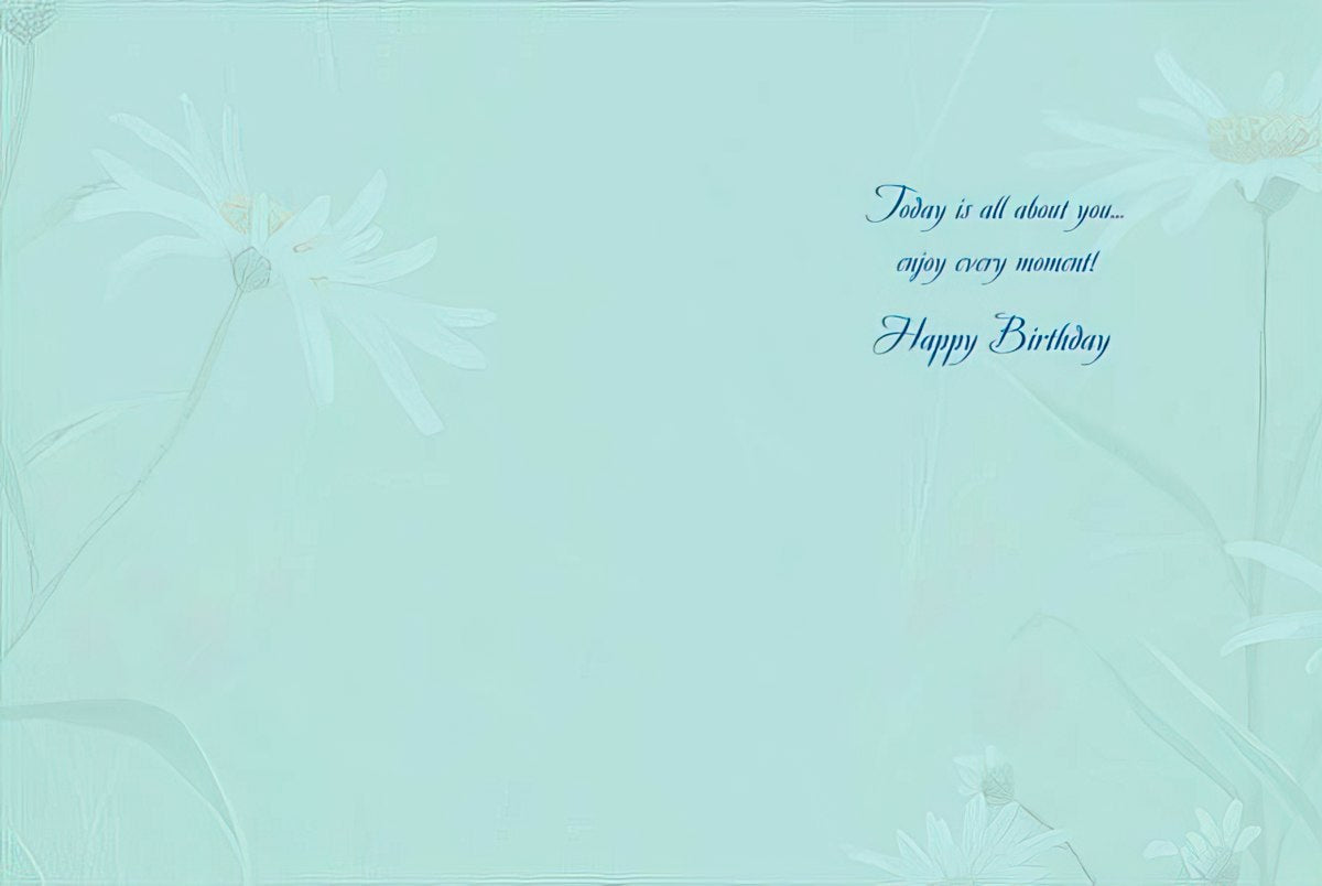 Inside of a baby rabbit greeting card, with a celebratory message "Today is all about you... enjoy every moment! Happy Birthday".