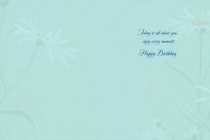 Inside of a baby rabbit greeting card, with a celebratory message "Today is all about you... enjoy every moment! Happy Birthday".