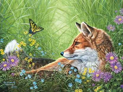 A red fox lies relaxed in a field of purple and yellow wildflowers, with a yellow swallowtail butterfly flying nearby.