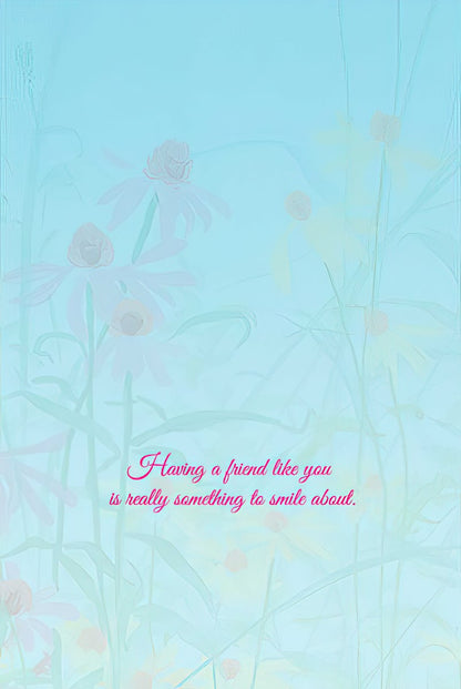 Inside of a black bear cubs greeting card, featuring the warm message "Having a friend like you is really something to smile about.".