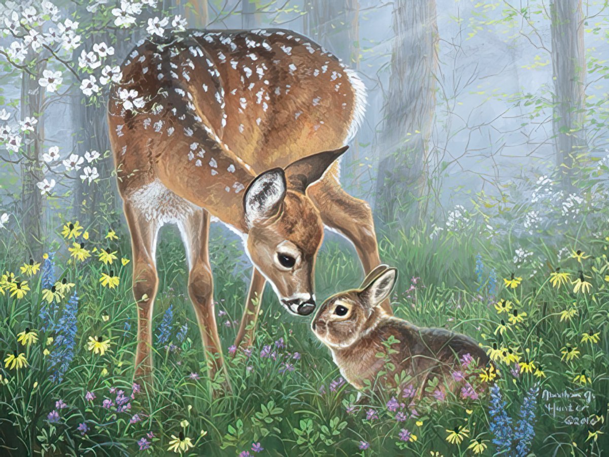 A gentle fawn and a small rabbit share a tender moment, nose to nose, in a dappled forest clearing with white flowers.