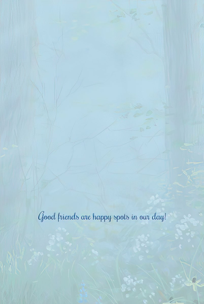 Inside of a fawn and rabbit greeting card, with the cheerful message "Good friends are happy spots in our day!".