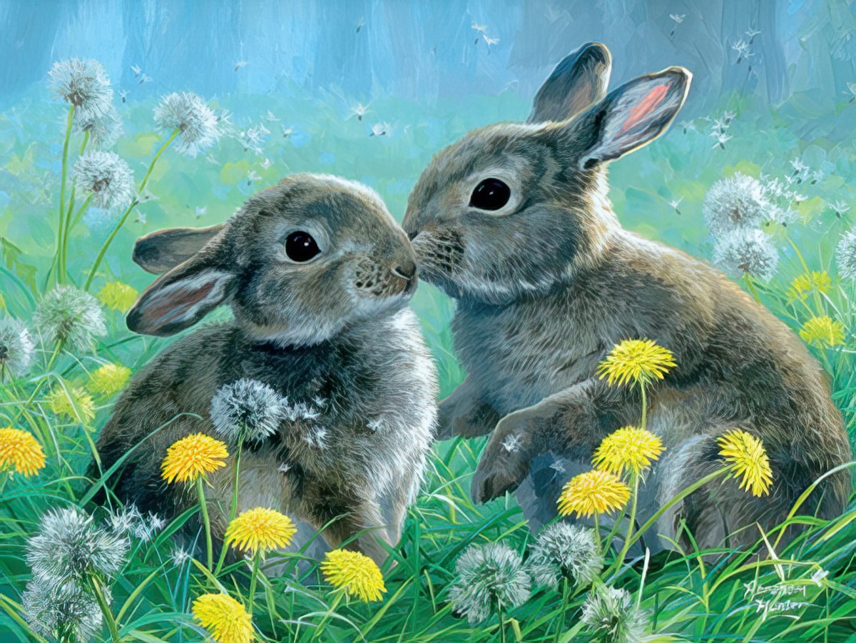 Two cute bunnies in a peaceful field surrounded by fluffy white dandelions and green grass.