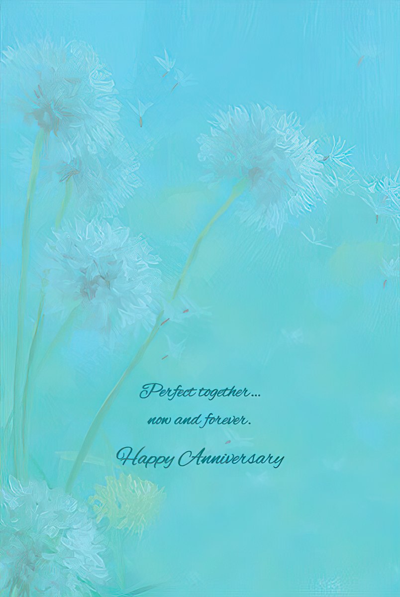 Inside of a two bunnies greeting card, featuring a romantic "Perfect together... now and forever. Happy Anniversary" message.