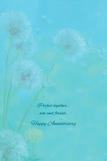 Inside of a two bunnies greeting card, featuring a romantic "Perfect together... now and forever. Happy Anniversary" message.