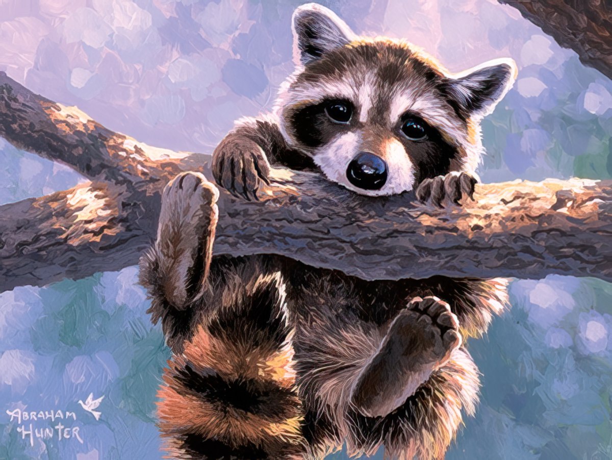 An adorable baby raccoon playfully hangs from a tree branch, looking directly at the viewer with big, curious eyes.