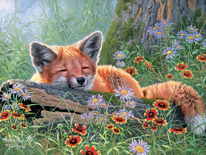 A peaceful red fox with closed eyes rests on a log amidst a meadow of orange, purple, and white wildflowers.