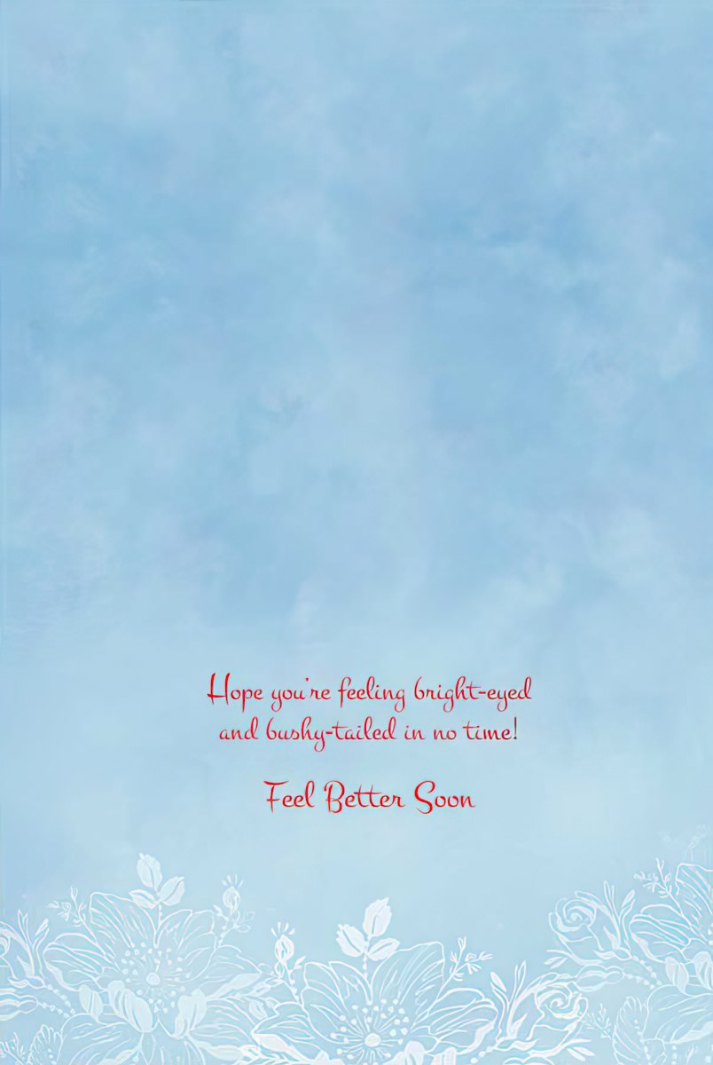 Inside of a sleeping fox greeting card, featuring a get-well message: "Hope you're feeling bright-eyed and bushy-tailed in no time! Feel Better Soon".