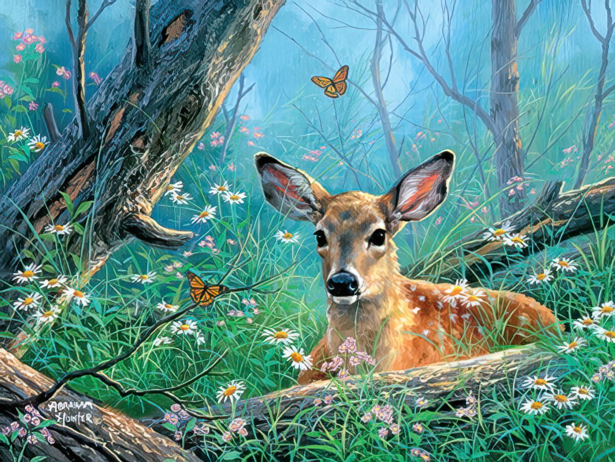 A young fawn with speckled fur lies calmly in a sun-dappled forest, surrounded by green grass, small white flowers, and butterflies.