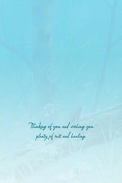 Inside of a fawn greeting card, featuring a thoughtful message "Thinking of you and wishing you plenty of rest and healing.".