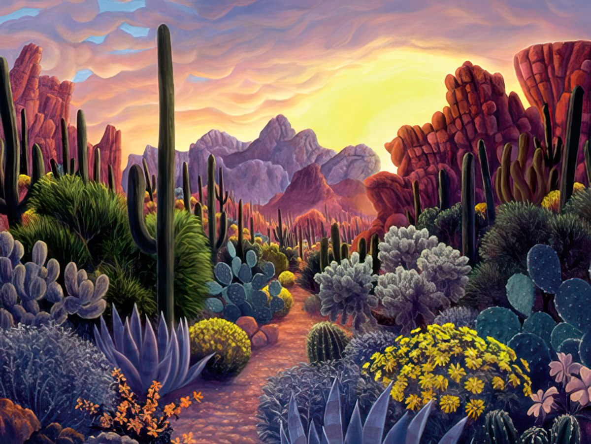 Vibrant desert sunset greeting card featuring saguaro cacti, colorful succulents, red rock mountains, and a winding path under a dramatic sky, perfect for sending inspiring wishes.