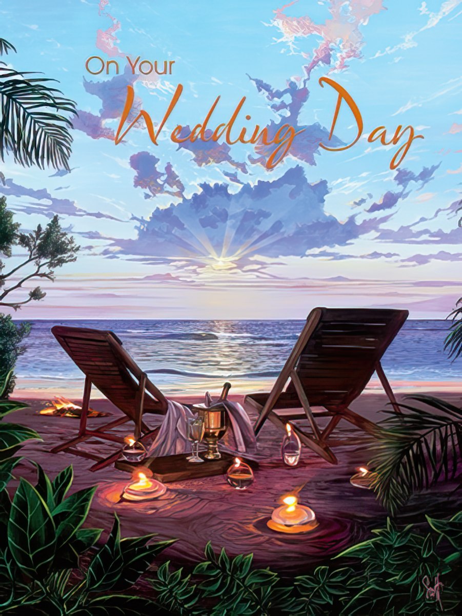 Front of a romantic wedding card showing a beach sunset with two lounge chairs, champagne, candles, and 'On Your Wedding Day' text.