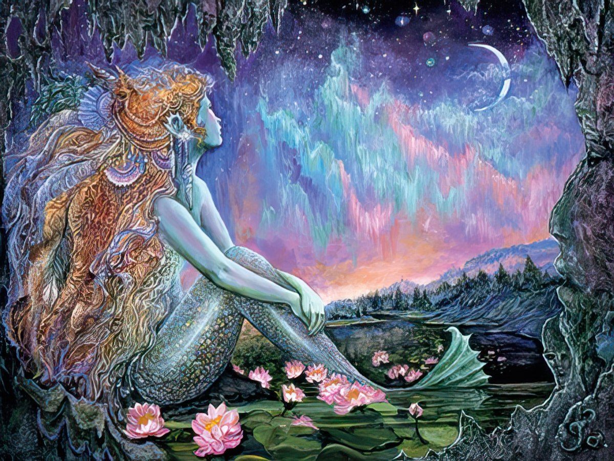 Beautiful mermaid with flowing hair sitting by a pool, gazing at a colorful aurora borealis sky with a crescent moon.