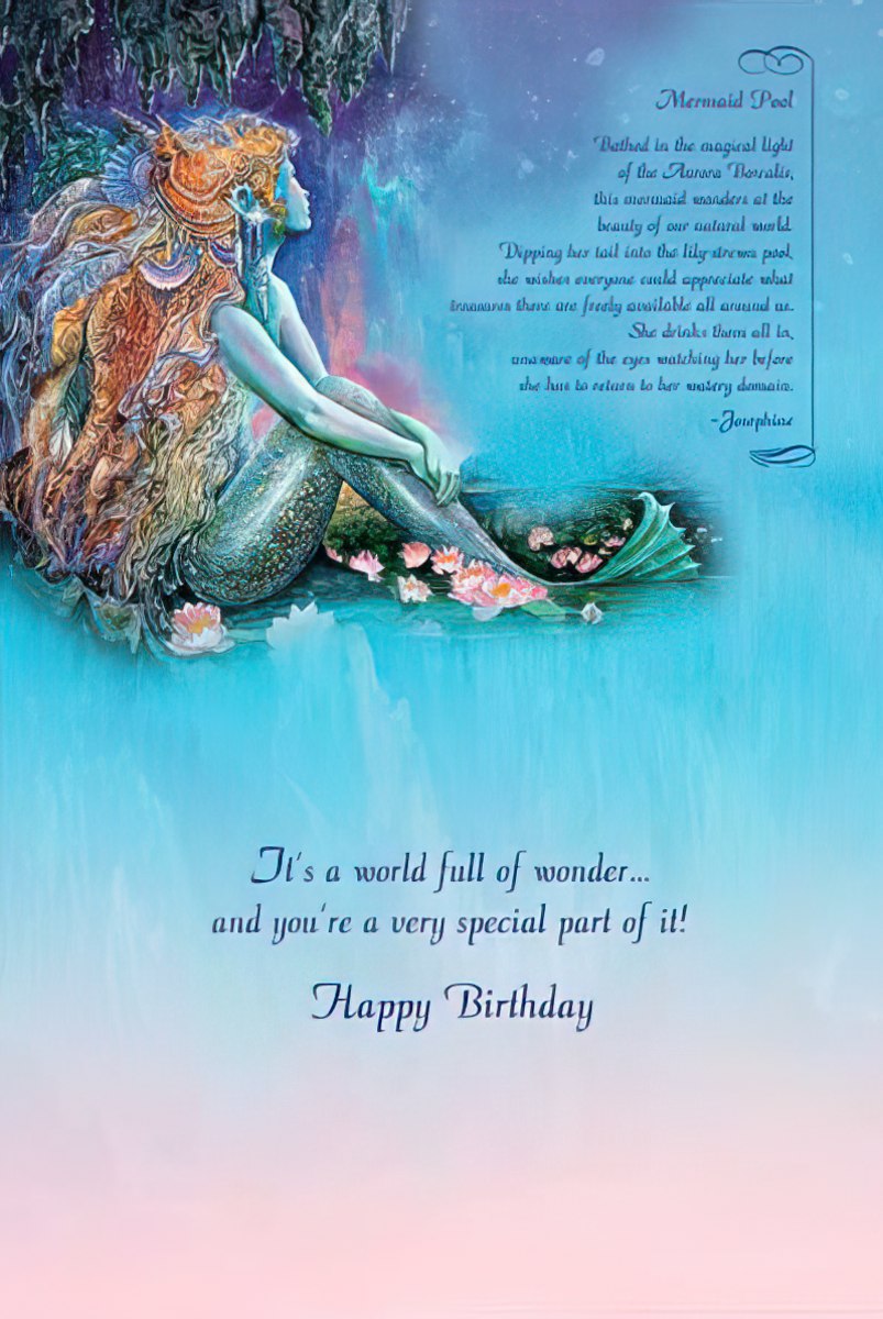 Open birthday greeting card featuring a mermaid illustration, a poem, and a 'Happy Birthday' message inside.