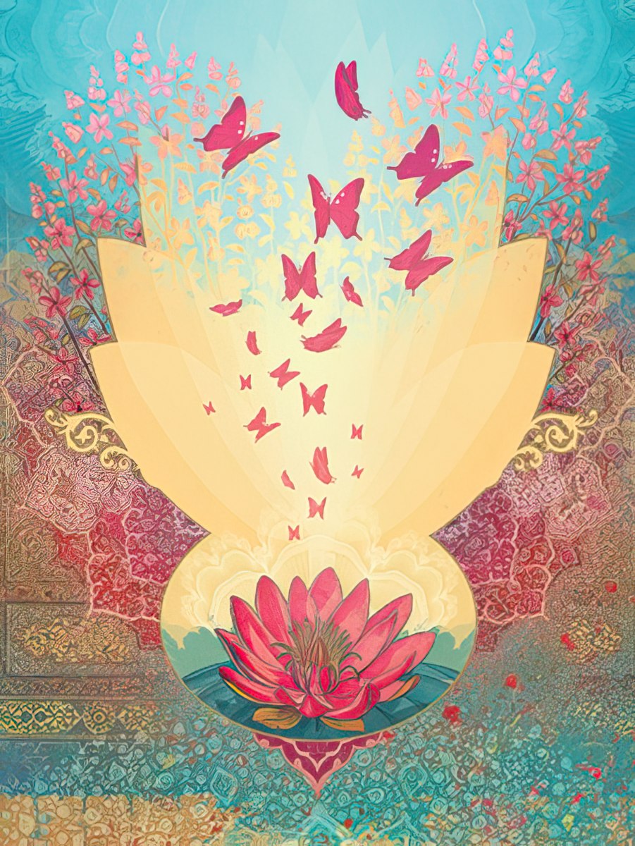 Vibrant art greeting card featuring a blooming pink lotus flower at the bottom, with numerous pink and red butterflies fluttering upwards against a blue sky, surrounded by intricate floral patterns and golden accents. Perfect for an uplifting occasion.