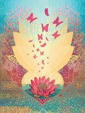 Vibrant art greeting card featuring a blooming pink lotus flower at the bottom, with numerous pink and red butterflies fluttering upwards against a blue sky, surrounded by intricate floral patterns and golden accents. Perfect for an uplifting occasion.