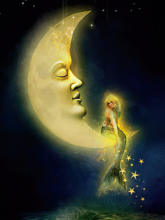Enchanting greeting card cover showing a luminous mermaid sitting on a crescent moon in a starry night sky.