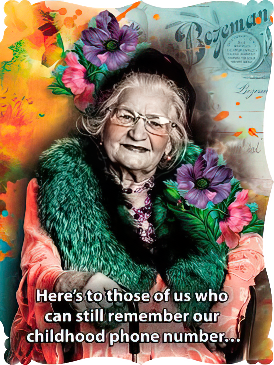 Funny birthday greeting card for grandma or an older woman featuring a smiling senior lady with glasses, vibrant floral designs, and the humorous text about remembering old phone numbers but forgetting new passwords.