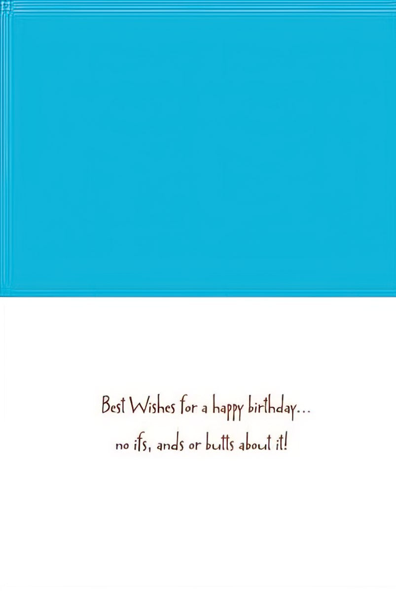 Inside of a funny birthday card with the message 'Best Wishes for a happy birthday... no ifs, ands or butts about it!'