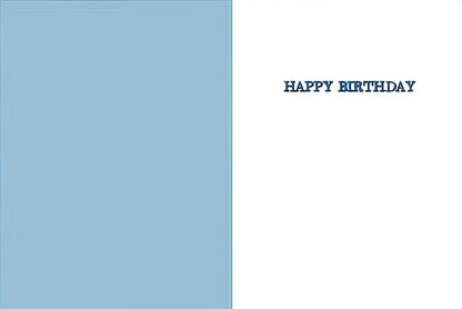 Inside of a greeting card showing a plain light blue left panel and 'HAPPY BIRTHDAY' text on the white right panel.