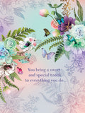 Elegant floral greeting card for her, featuring vibrant butterflies, lush green foliage, and blooming pastel flowers with the message 'You bring a sweet and special touch to everything you do...'
