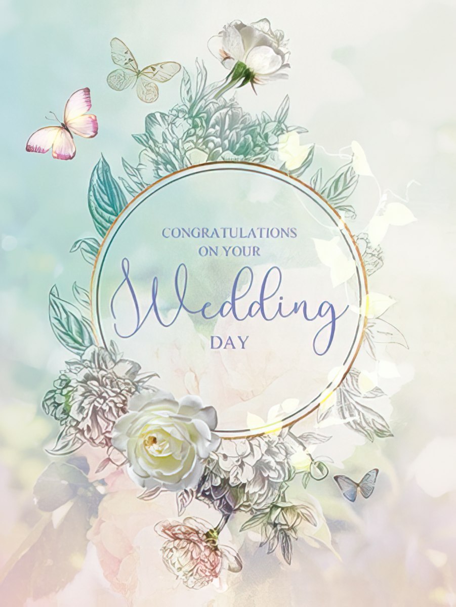 Front of an elegant wedding congratulations card with a gold ring, flowers, and butterflies, saying 'Congratulations On Your Wedding Day'.