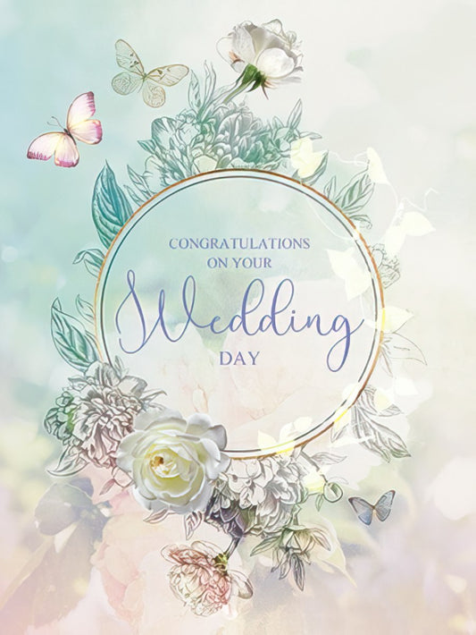Front of an elegant wedding congratulations card with a gold ring, flowers, and butterflies, saying 'Congratulations On Your Wedding Day'.