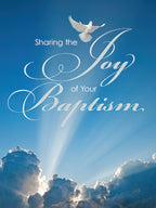 Front of a religious baptism greeting card featuring a white dove flying above clouds with radiant light rays, text reads 'Sharing the Joy of Your Baptism'.