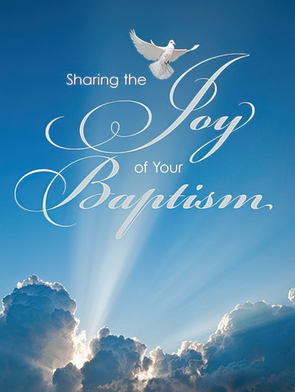 Front of a beautiful Baptism greeting card featuring a white dove flying against a bright blue sky with sun rays and clouds.