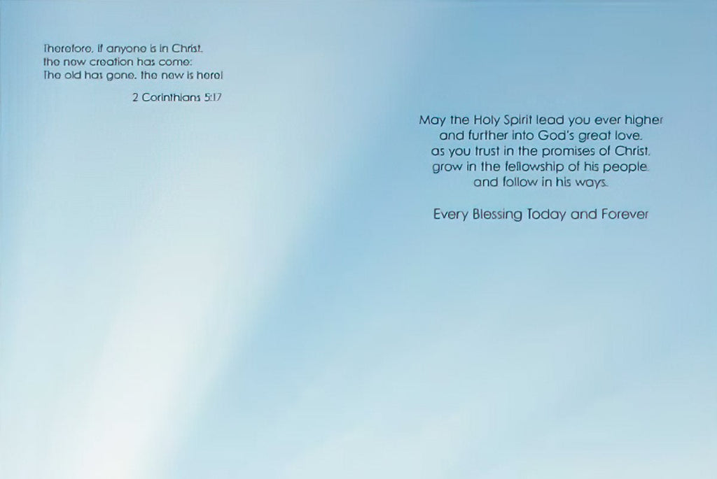 Inside of a spiritual baptism card with a light blue sky background, displaying Bible verse 2 Corinthians 5:17 and an inspirational blessing message about the Holy Spirit's guidance.