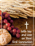 First Communion greeting card front, featuring sacred symbols of Eucharist: golden wheat, red grapes, and communion bread on a dark wood background, with a white cross and 'With Joy and Love on Your First Communion' text.