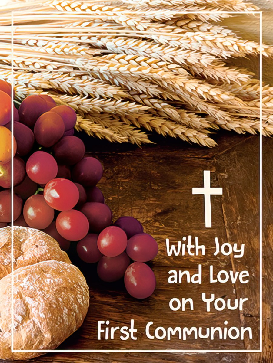 First Communion greeting card front, featuring sacred symbols of Eucharist: golden wheat, red grapes, and communion bread on a dark wood background, with a white cross and 'With Joy and Love on Your First Communion' text.