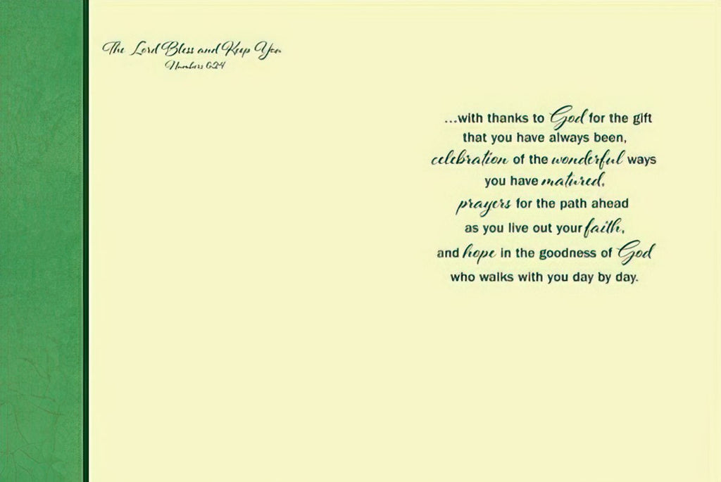 Inside of a light green and cream Confirmation card with a Bible verse 'The Lord Bless and Keep You' (Numbers 6:24) on the left and a heartfelt prayer on the right, celebrating faith, maturity, and God's goodness for their spiritual path.
