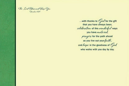 Inside of religious Confirmation & Baptism card with heartfelt message about faith, hope, and blessings, featuring scripture.