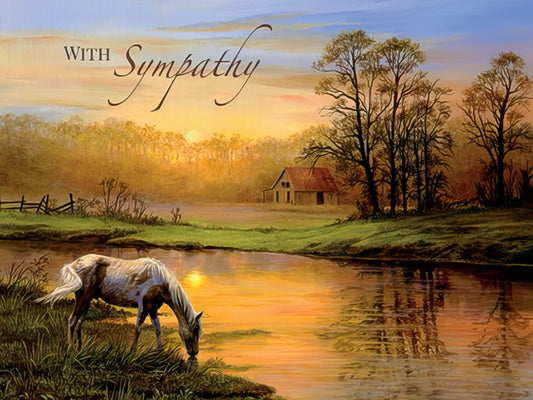 Sympathy card featuring a peaceful horse by a stream at sunset, with "With Sympathy" text. Expresses comfort & healing.