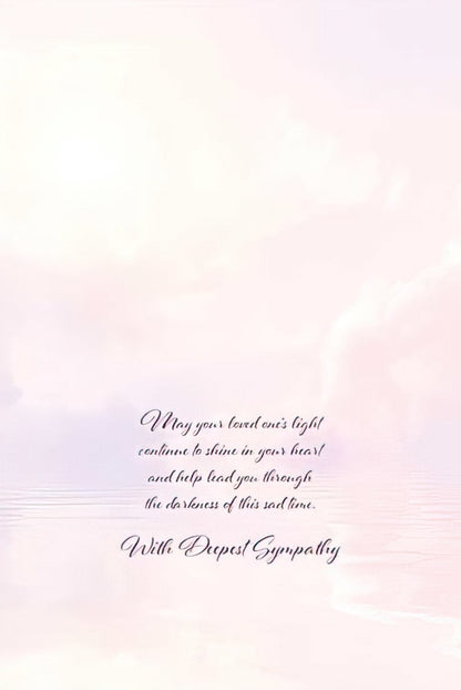 Interior of sunset bird sympathy card with message about a loved one's light continuing to shine.