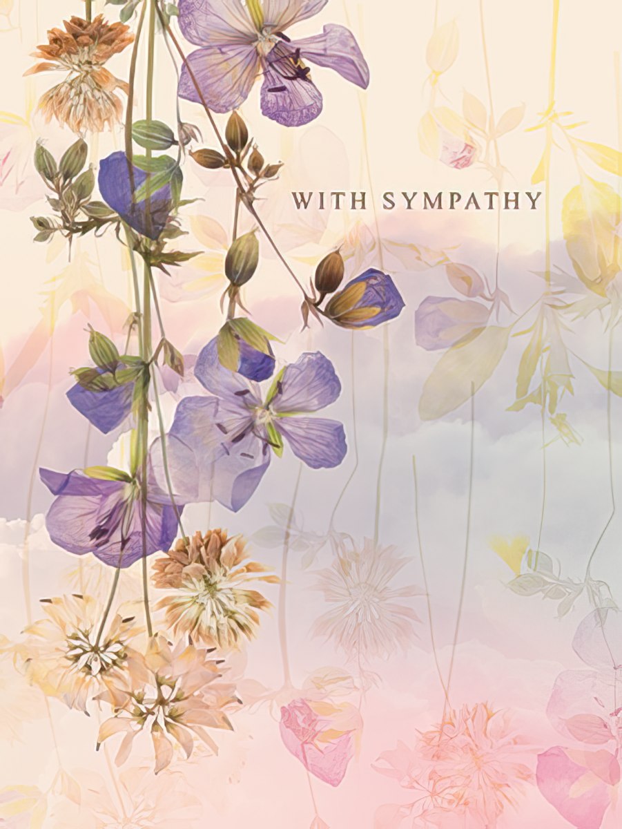 Sympathy card with abstract purple and yellow hanging flowers against a soft, colorful sky backdrop.